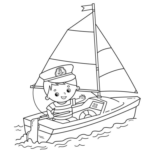 Tranh tô màu bé tập làm thủy thủ trên thuyền buồm
