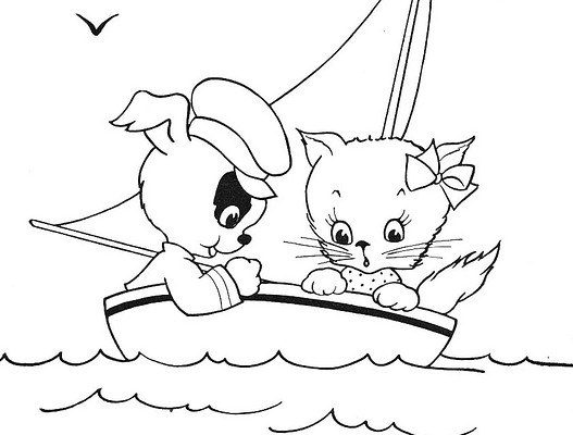 Hình ảnh đen trắng của mèo và chó dễ thương trên thuyền buồm