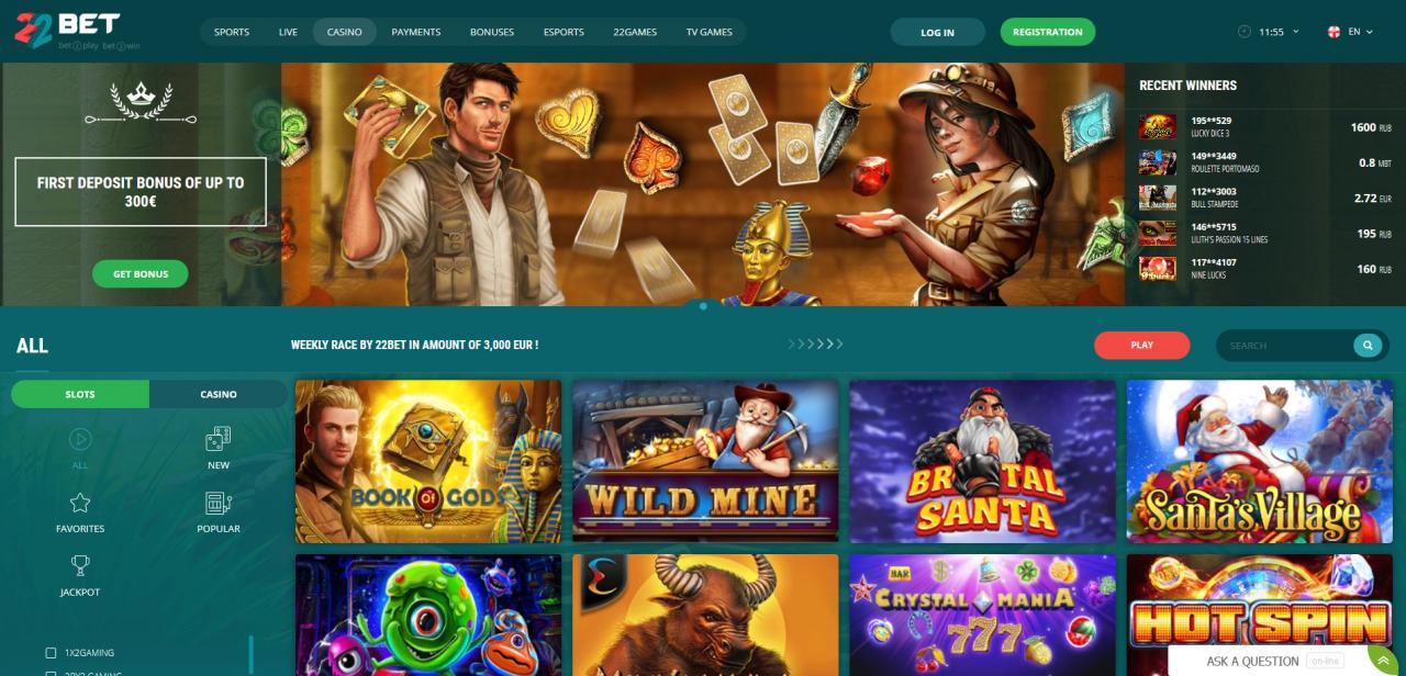 22BET Casino - ein virtuelles Casino mit einem 100 % Bonus